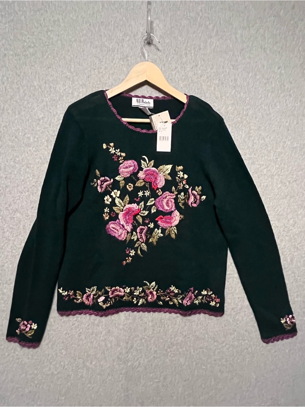 VTG All Points Floral Embroidered Sweater M Ramie Cotton Cottagecore Grandmacore
